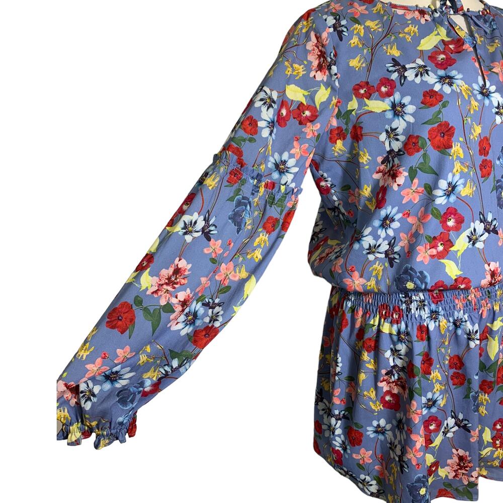 Parker Floral Smocked Waist Key Hole Ruffle Long Sleeve Dress Periwinkle Medium - Picture 6 of 14